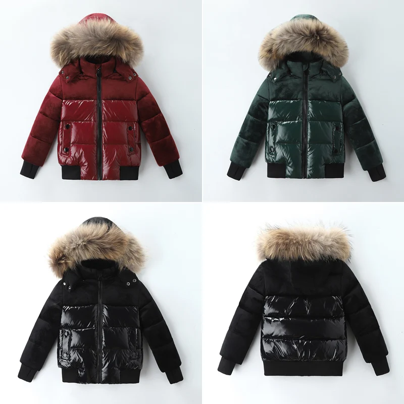 Down jacket,children jackets,girls coat Winter Children's Duck Down Jacket Real Raccoon Fur Collar Boys Girls Patchwork Flannelette Parka Coat 1-20