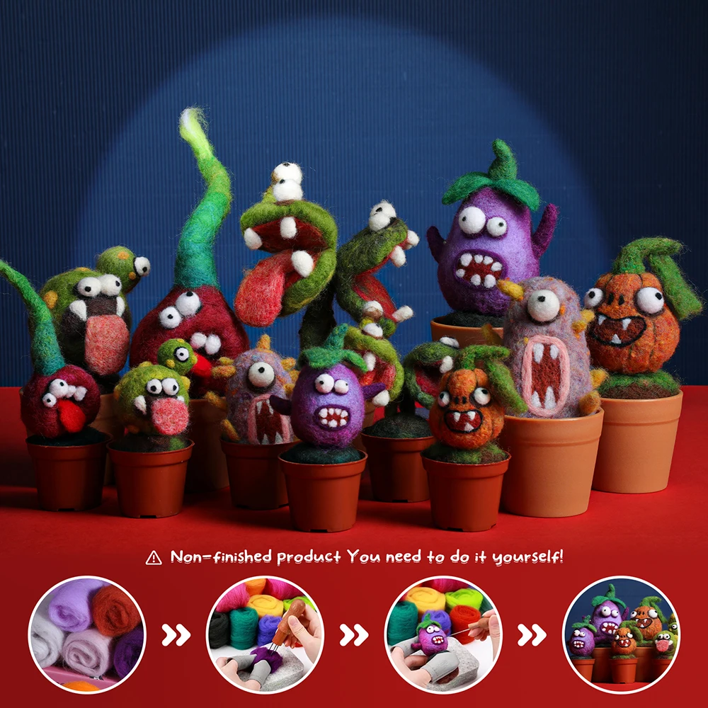 Wool Needle Felting Kit Felt Plant Vegetables Team Monster Kit for Beginner with DIY Needle Felting Supplies and Instruction