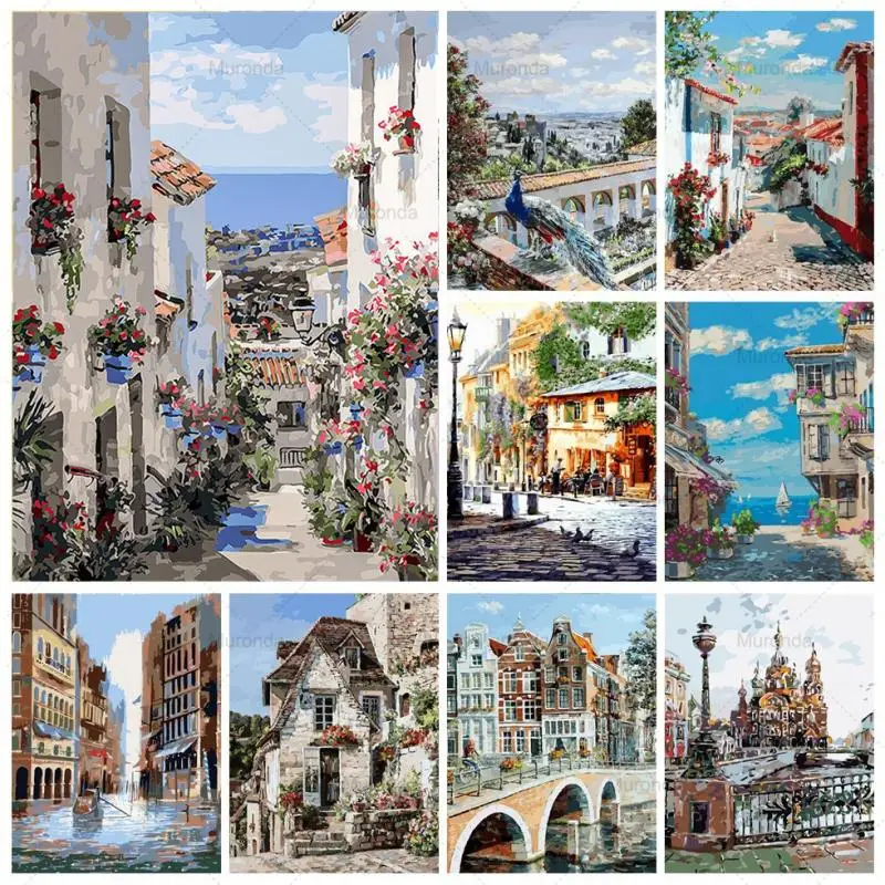 

DIY Full Drill Diamond Embroidery European City Town Street Scenery Diamond Painting Landscape Picture Cross Stitch Home Decor