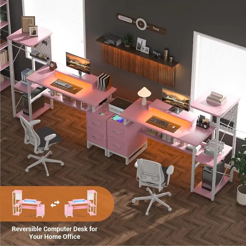 Computer Desk with 2 Fabric Drawers - Reversible Home Office Desk with Power Outlet & LED Lights, 53" Writing Desk with Monitor 5