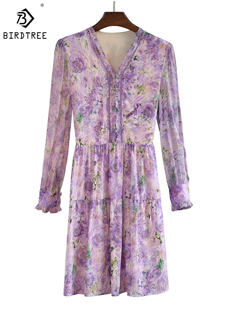 

Birdtree 100%Mulberry Silk Elegant Versatile Dresses Flower Print Casual Fashion Retro Party Dress For Women Autumn New T3N250QM