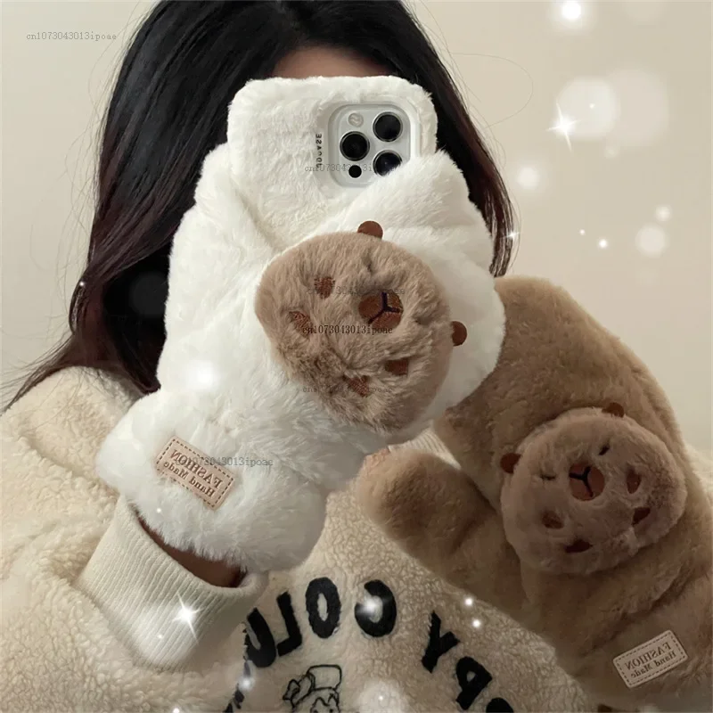 

Cute Warm hands soft Capibala capybara Plush glove phone case For iphone 15 pro max cases iPhone 11 case 12 13 14pro phone cover