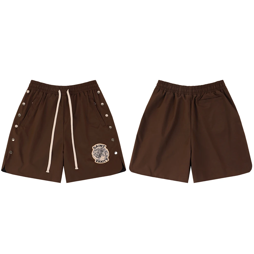 Side Button Embroidery Water Proof Thin Summer Shorts for Men Elastic Waist Drawstring Baggy Quick Dry Five Point Pants