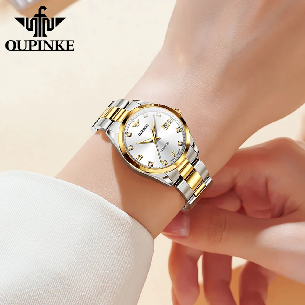 Original OUPINKE 3199 Swiss Automatic Mechanical Watch for Women Real Diamond Sapphire Mirror Ladies Watch Bracelet Set Gift NEW 3