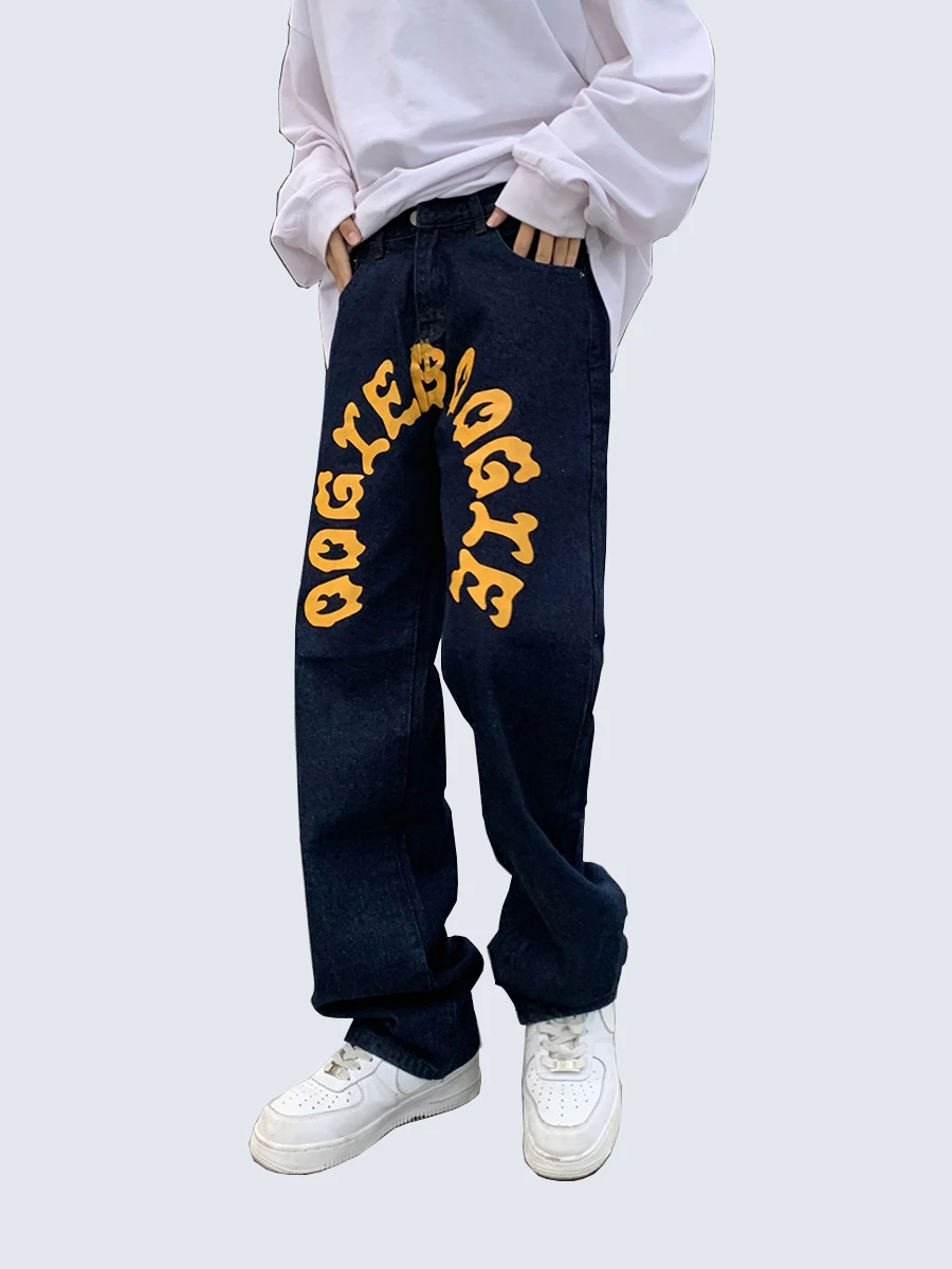 Four Seasons Cartoon Printing Jeans Men's Street Hip Hop Fashion Loose Straight Wide Leg Pants Trend Casual Pants Ins Hot Sale