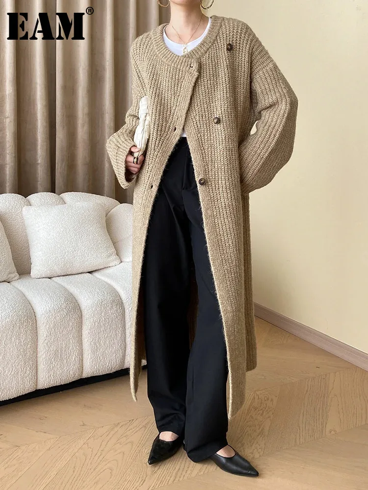 

[EAM] Khaki Irregular Big Size Long Knitting Cardigan Sweater O-Neck Long Sleeve Women New Fashion Spring Autumn 2024 1DF9862