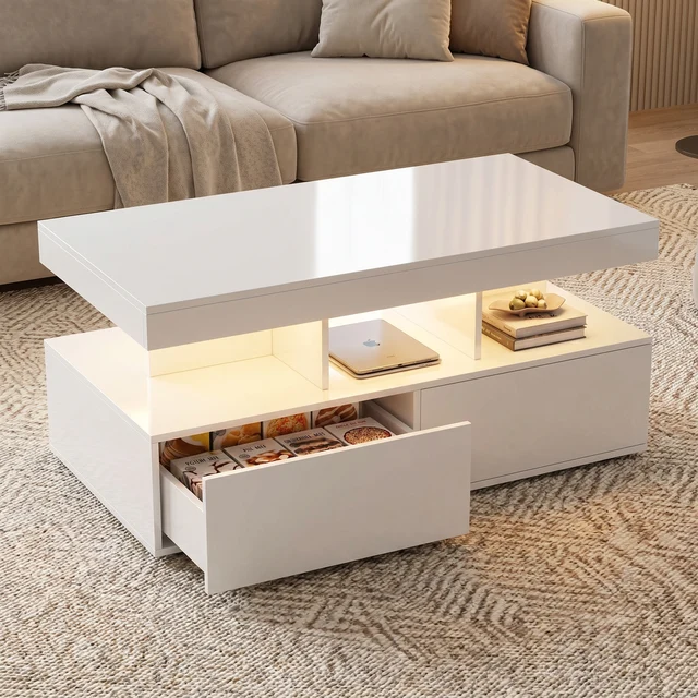 Rosahqnda Table basse moderne avec rangement pour le salon, table centrale rectangulaire avec 2 tiroirs, 104x53x46cm, blanc/noir 1