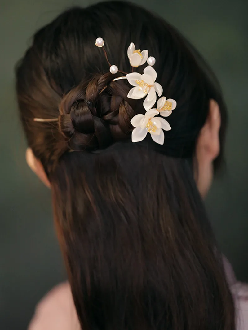 FXLRY 오리지널 핸드메이드 빈티지 U자형 진주 머리핀 목련 머리핀 모자