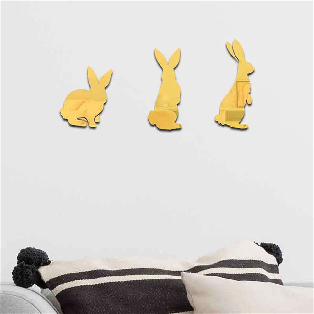 3D Creative Cute Bear and RabbitMirror Sticker Square Mirror Silver Wall Stickers Decal Self-adhesive Wall Paper Home Decorate