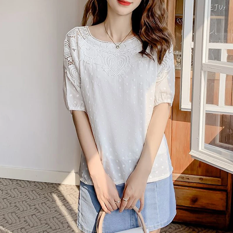 

Women Hollow Lace Embroidery Elegant Chic Blouses 2023 Summer Trendy Solid Round Neck Short Sleeve Tops Sweet Casual Shirts Ropa