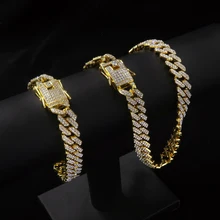 

New Cuban Link Chain Neckalce Bracelet For Men 12MM Rose Gold Silver Pave Setting Rhinestone Iced Out Bling Male Jewelry Set