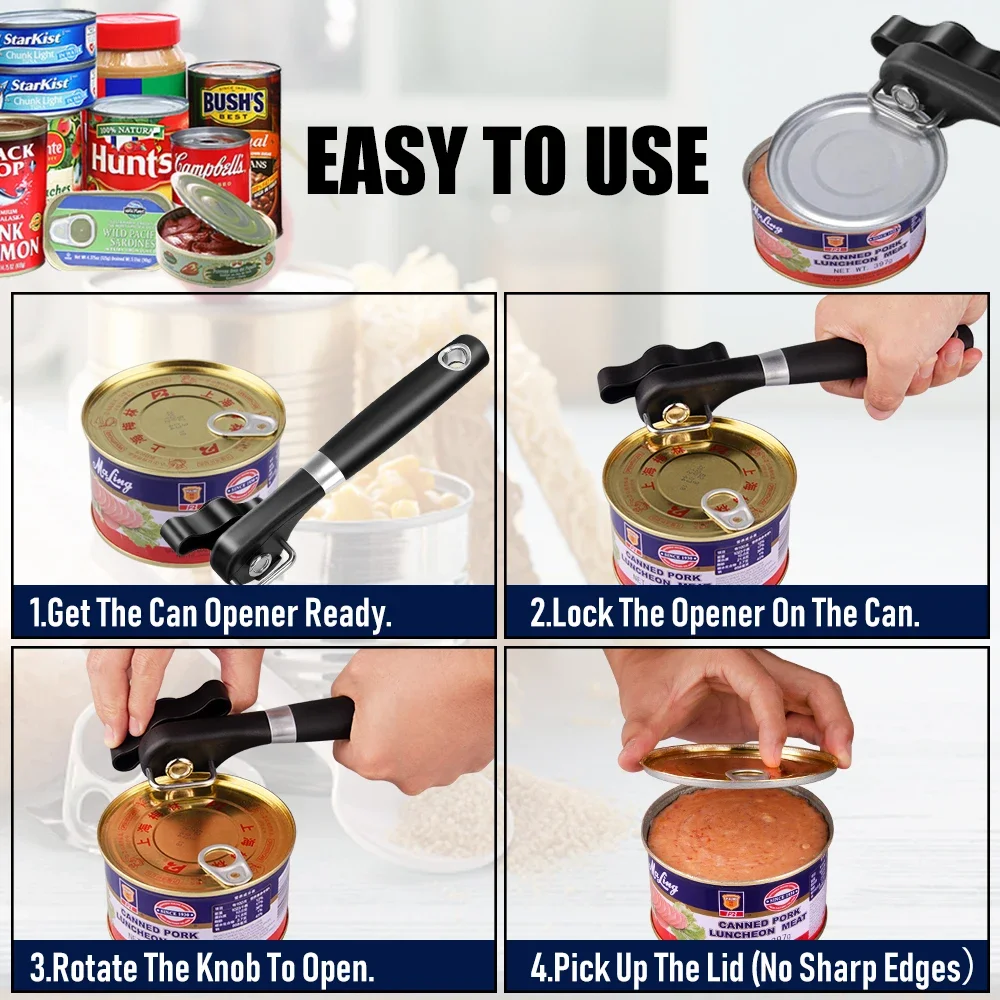 Premium Stainless Steel Manual Can and Jar Opener - Safety Side Cut Bottle Opener and Kitchen Tool