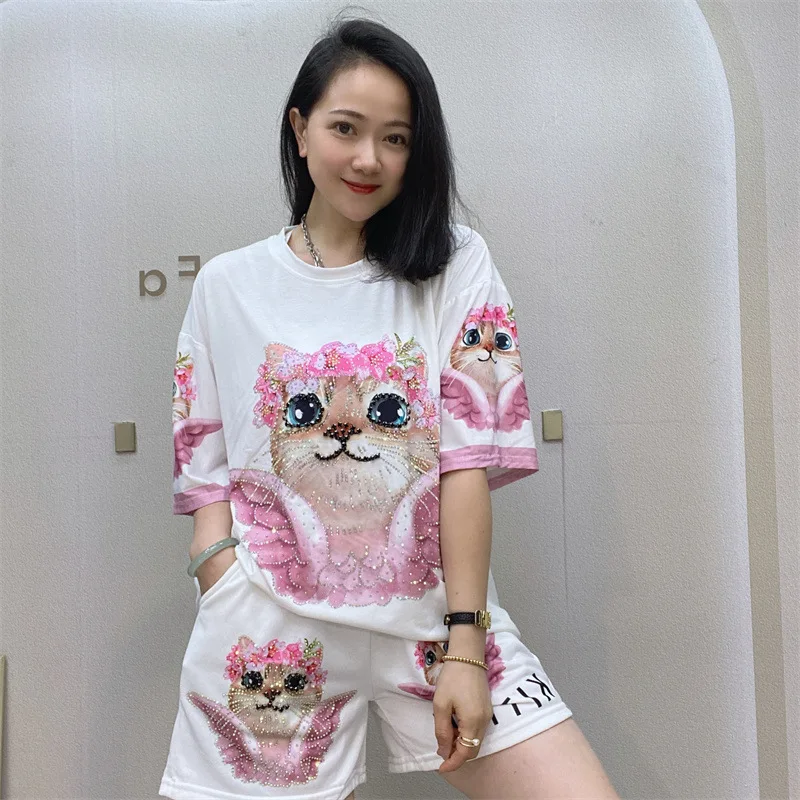 Women Summer Short Sleeve Shorts Women's Set Hot Diamond T-shirt Two Piece Set  Cartoon Shiny Rhinestones Tracksuit summer men s leopard hot diamond craft shiny tracksuit comfortable breathable sweatshirt hip hop youth streetwear tops pants