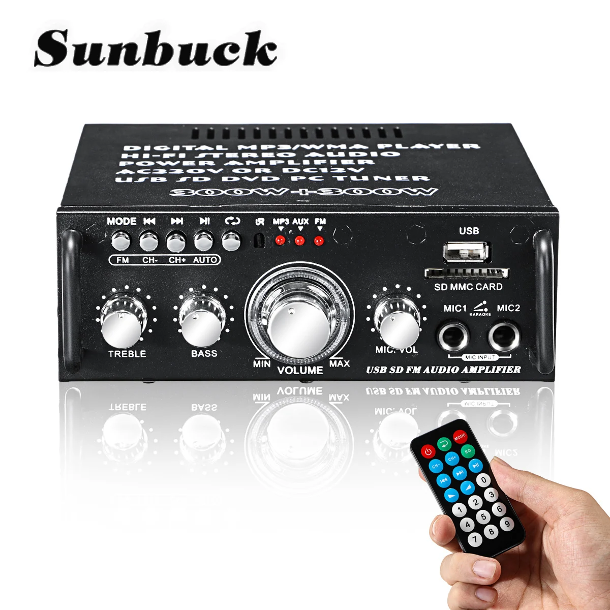 plate amplifier SUNBUCK AV power amplifier 2.0 Channel Audio Home Theater Amplifiers DC 12V 110V/220V Support EQ FM SD USB 2 Mic 5.0 bluetooth 4 channel amp Audio Amplifier Boards