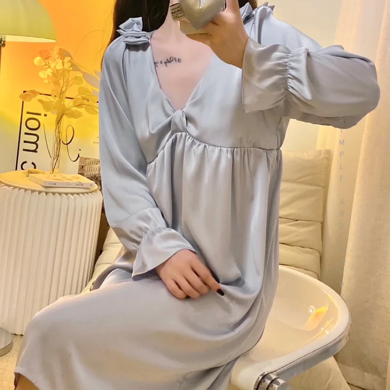 Women's Pajamas Set Solid Pijama Faux Silk Satin Bow Pyjama Female Sleepwear Long Sleeve V-Neck Shirt Pants Suits Homewear
