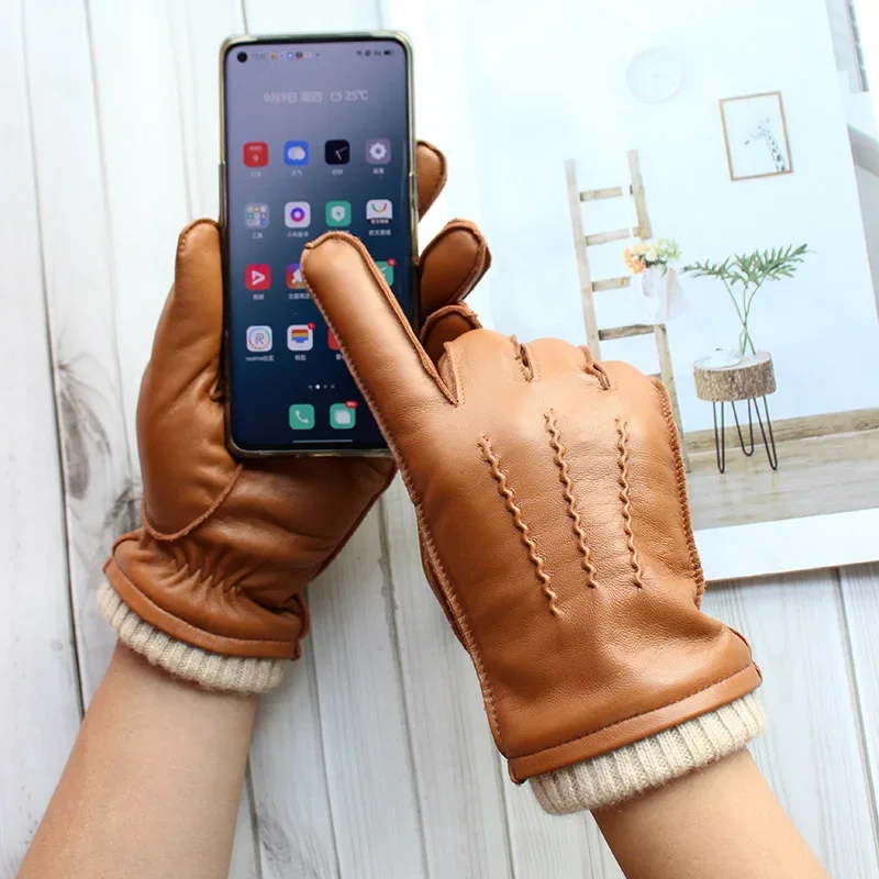 

Touch Screen Leather Sheepskin Gloves Men's Winter Thickening Warmth Motorcycle Driving Fashion 2021 New Brown Finger Gloves