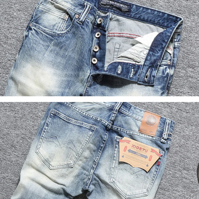 Fashion Designer Men Jeans High Quality Retro Light Blue Stretch Slim Fit Ripped Jeans Men Button Fly Vintage Denim Pants Hombre