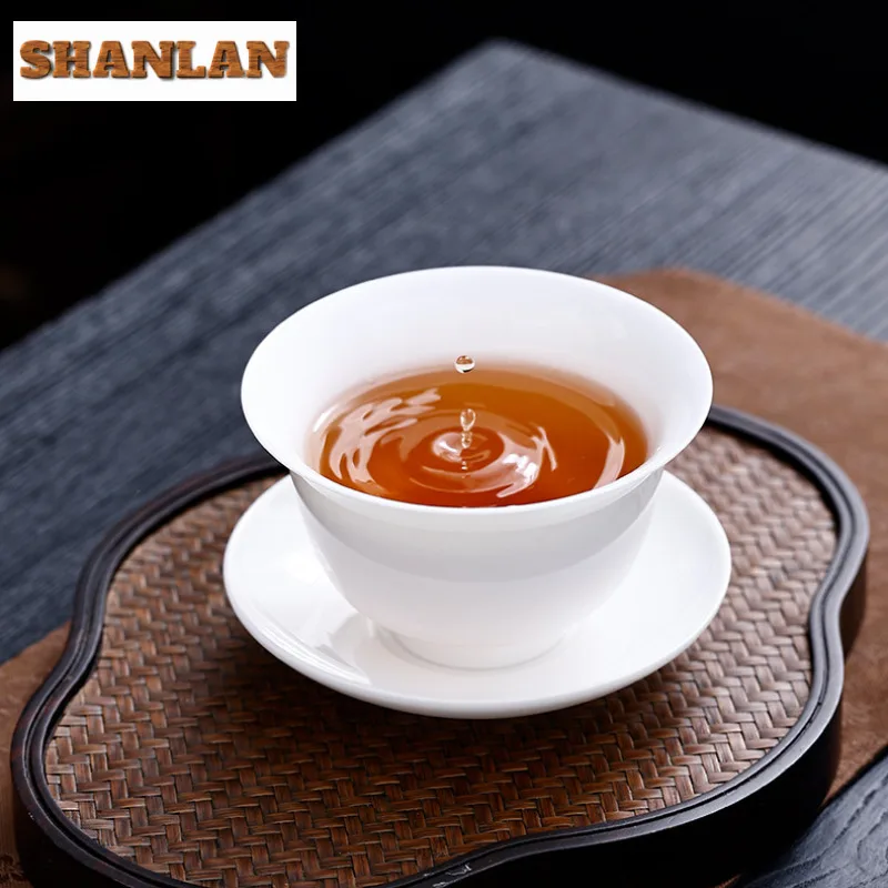 190ml Mutton Fat Jade Three Talents Gaiwan Zen Ceramic Anti-scald Cover Bowl Elegant Tea Tureen Tea Maker Chinese Teaware Craft
