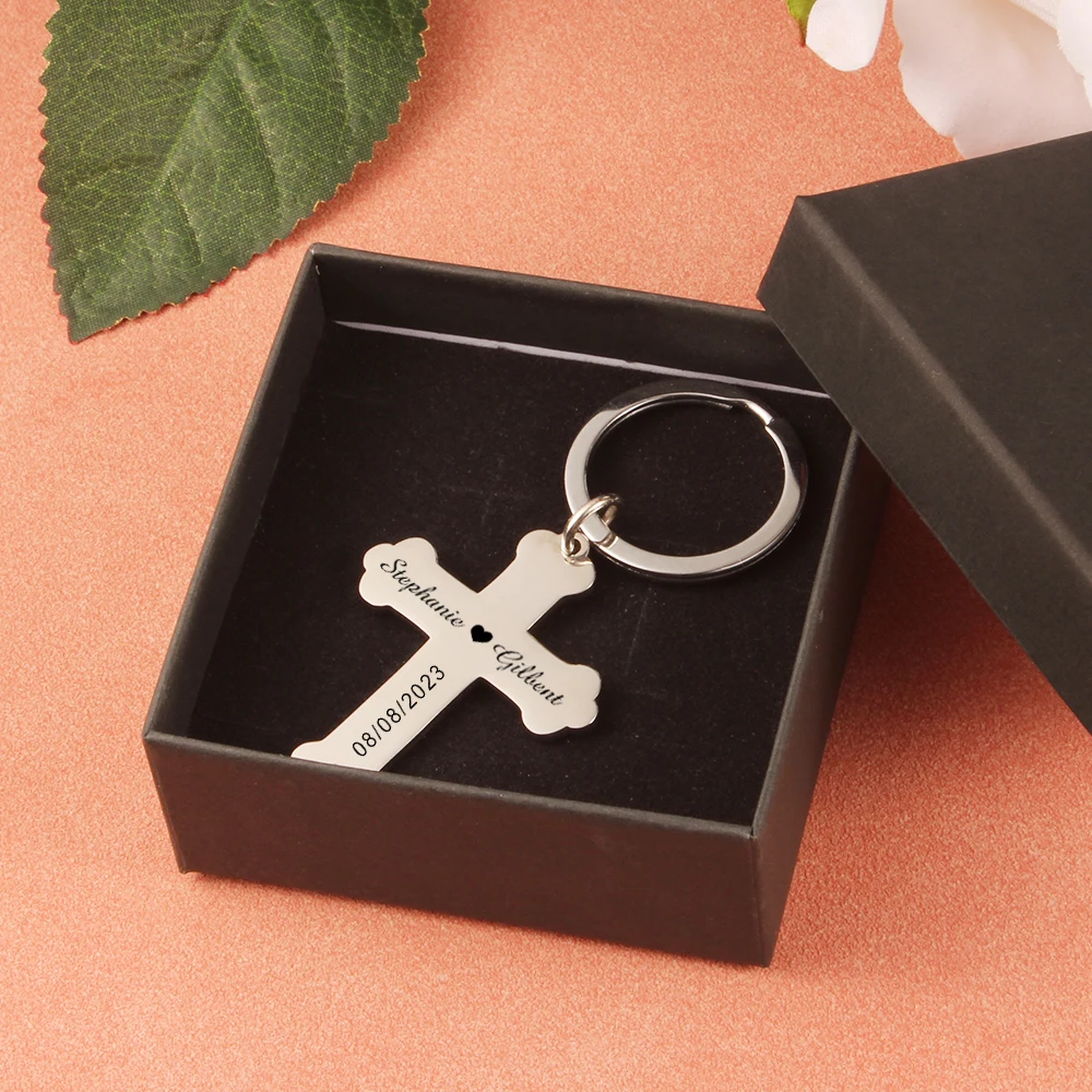 Personalized Laser Engraving Name And Date Cross Keychain Custom