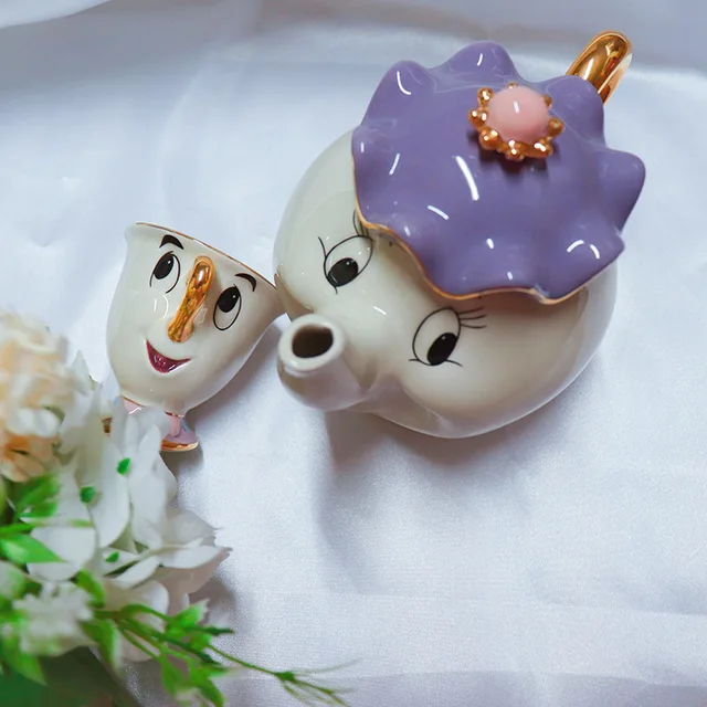 Rajzfilm Szépség És A Beast Teapot Bögre Mrs. Potts Chip Tea Pot Cup Cogsworth Porcelain Ajándék 18K Aranyozott Festett Zománc - Image 4