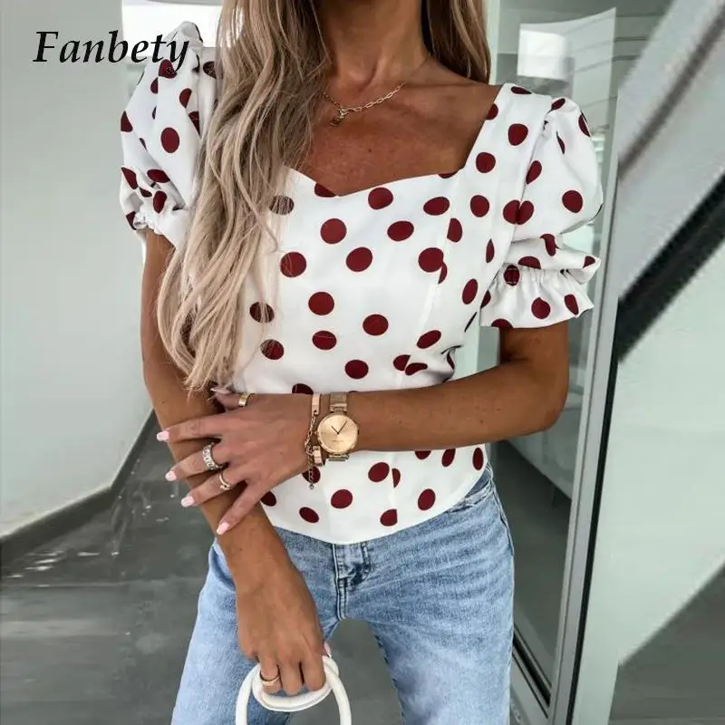 

Блузка женская в горошек, модная Повседневная рубашка с коротким рукавом-фонариком и квадратным вырезом, шикарный эластичный Топ с открытой спиной, весна-лето