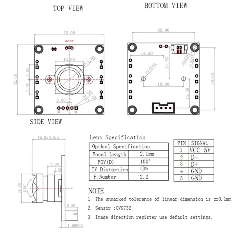 SB-3팩 OV9732 카메라 모듈, 100도 FOV, 720P 30Fps(오토다트 Io용), PCB 크기 32X32mm, 1M 케이블 포함