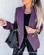 

Blazer Women Autumn Purple Plaid Blazer Casual Office Work Wear Long Sleeve Double Breasted Straight Blazer 2022