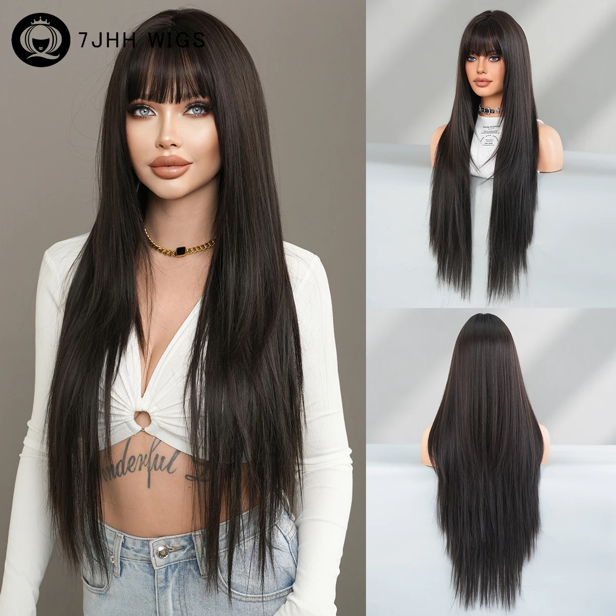Black long straight wig KF9459