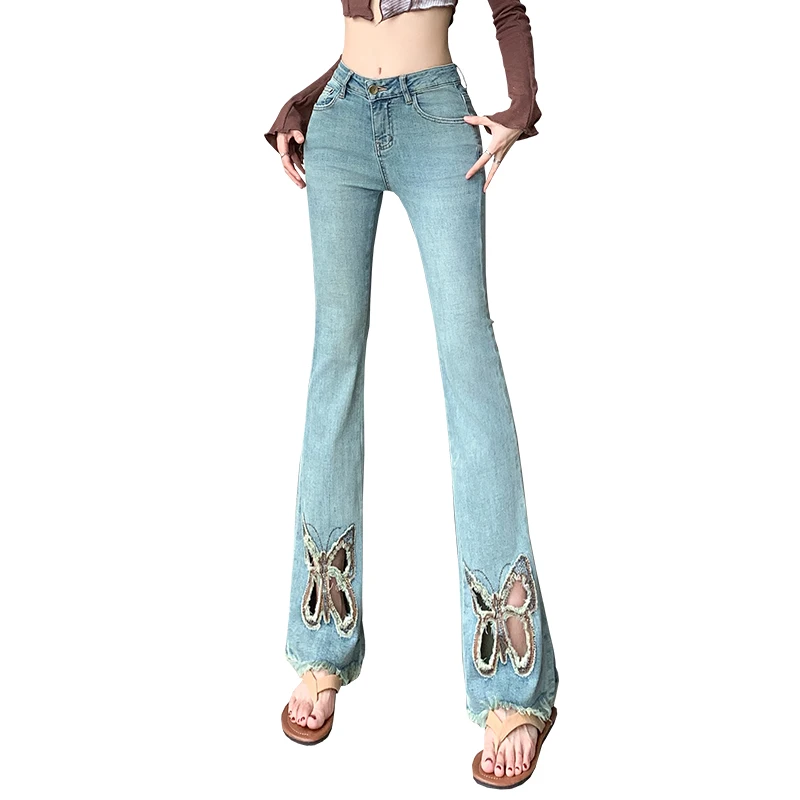 

Лето 2024, длинные джинсы А-силуэта с бабочкой и вырезами, стройнящие женские брюки с завышенной талией и пуговицами в Корейском стиле