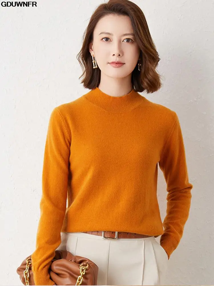 

Loose Sweater Plus-Size Knitted Wool Bottoming Shirt Casual Solid Mock Neck 100%Wool Cashmere Sweater Female Autumn Winter