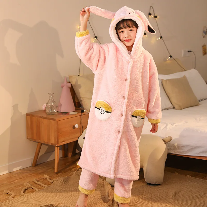 Pokemon Pikachu Nightgown Autumn Winter Thickened Coral Velvet Pajamas Children's Cartoon Suit Middle And Big Flannel Bathrobe