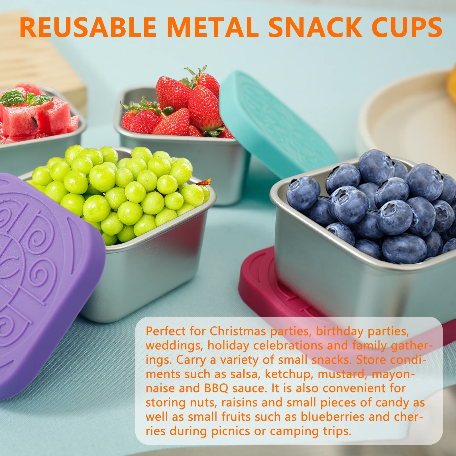 4Pcs 6oz Snack Container Stainless Steel Snack Container Sauce Box with Silicone Lids Leakproof Stackable Food Storage Container 2