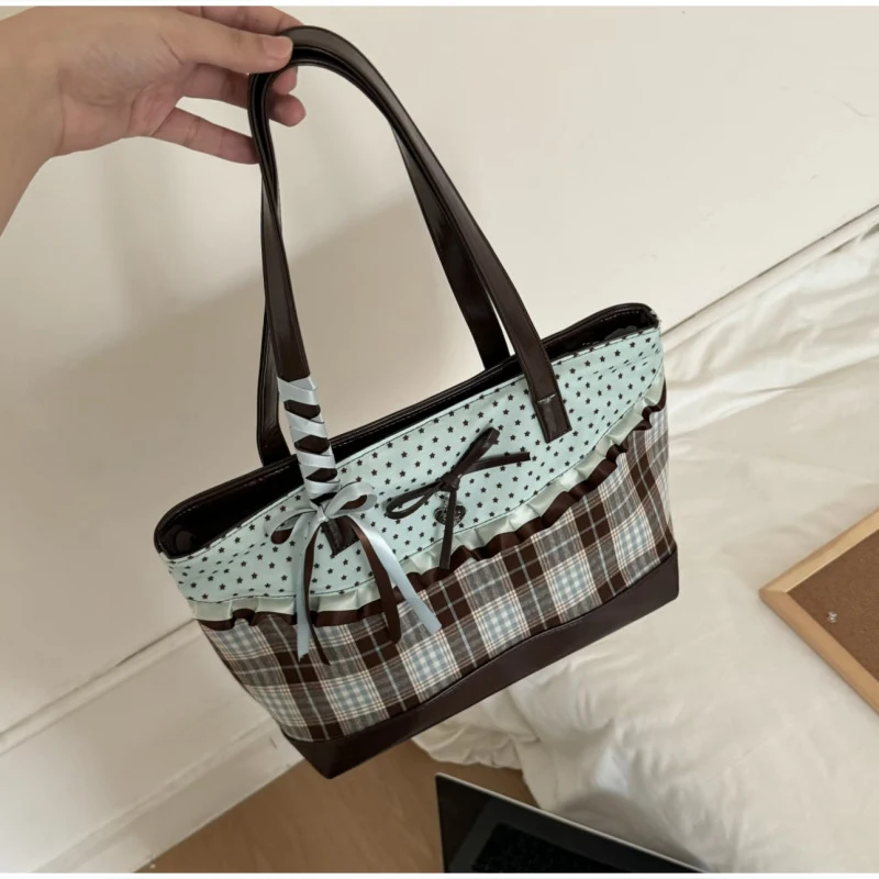 Borsa Tote con Stampa a Pois e Pizzo in Stile Coreano, Borsa a Spalla Y2K Carina, Borsa Casual da Pendolare - immagine 2