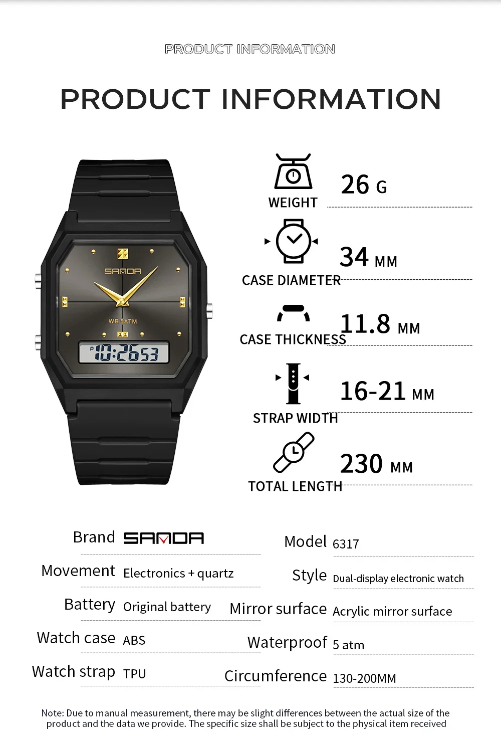 SANDA New Fashion Waterproof Dual Display Digital Leisure Watch
