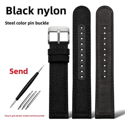 Nylon Canvas Strap - Waterproof Sports Watchband with Blue, Grey, and Khaki Options, 20mm - 22mm - 22mm (Black - silver pin)