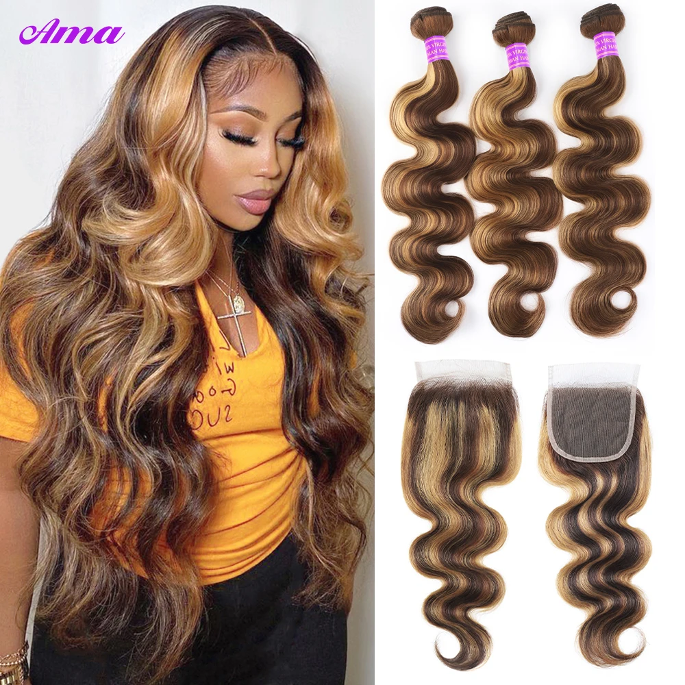 Human Hair Bundles P4 27 Highlight Body Wave with 4x4 inch Closure