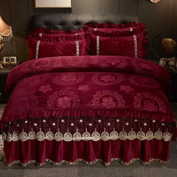 AI WINSURE-Europe Lace Velvet 4pcs Bedding Set, Embossed Duvet Cover, Quilted Bedspread, Soft, with 2 Pillowcases, for Winter 1