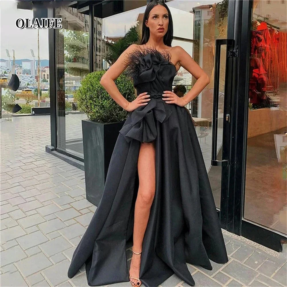 

Elegant Black High Split Evening Dresses 2024 Strapless Feather Draped Satin Prom Dress Custom Made Formal Party Gown فستان سهرة