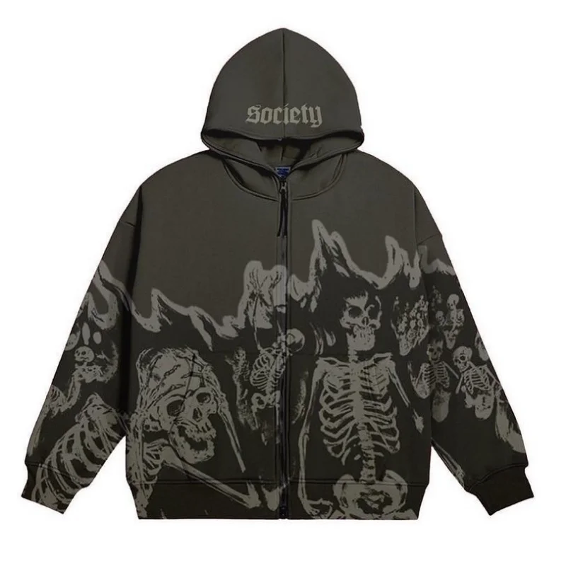 Men Skull Hoodies Women Vintage Gothic Zip Up Long Sleeve Streetwear