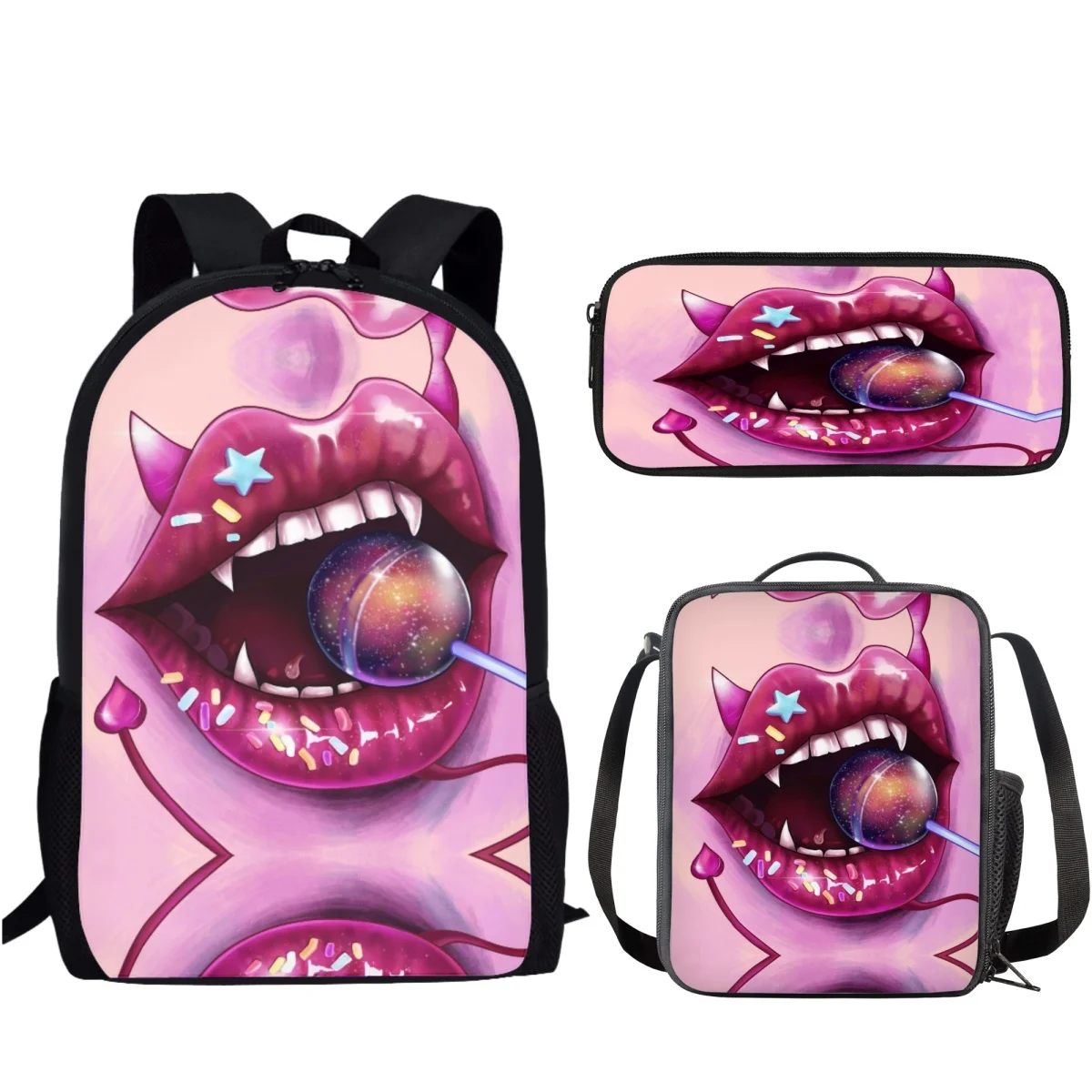 Sexy Lip Design 3Pcs/Set School Bag Causal Backpack for Teenager Girls Boys Student Campus Book Bag with Lunch Bag Pencil Bag