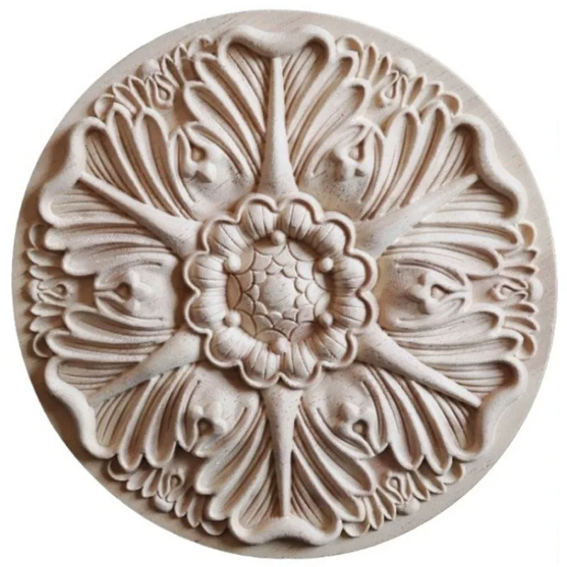 6cm-40cm Round Wood Carving Applique Oak Wood Furniture Decorative Mouldings Decal Cabinet Door Wood Figurine Craft Flower Board
