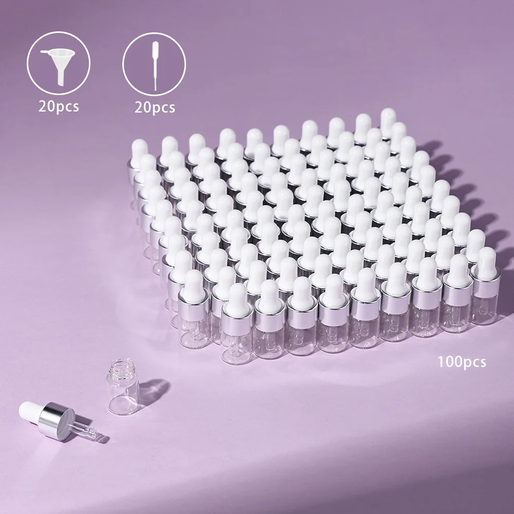 100pcs 2ml Silver Glass Dropper Bottles Empty 20 Funnels 20 Droppers Reusable Leakproof for DIY Perfume Essential Oils