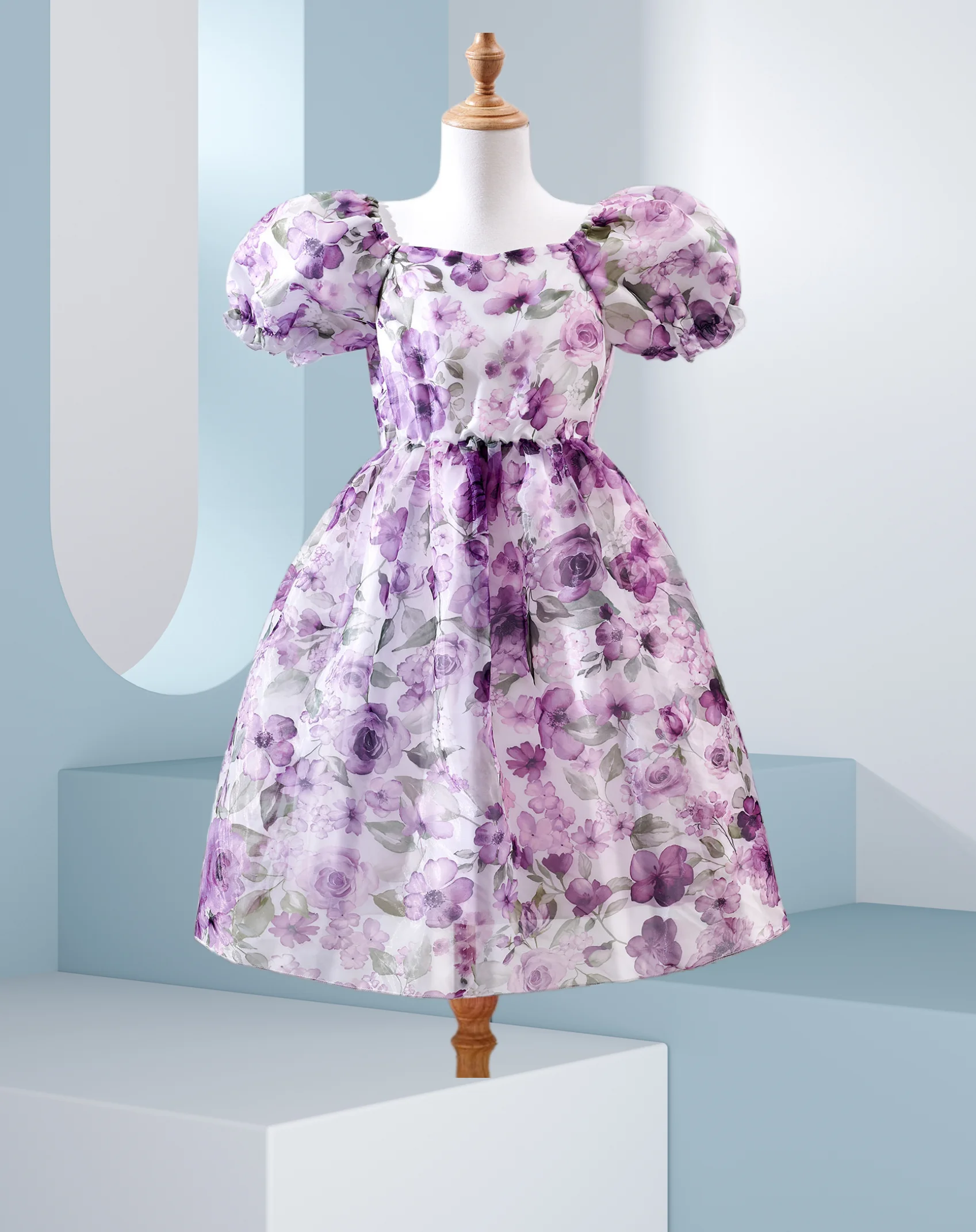 Enchanting Purple Floral Dress for Girls - Puff Sleeves & Waist-Hugging Silhouette