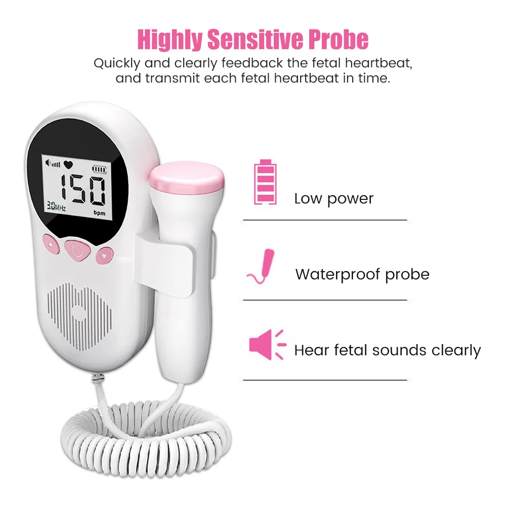 Fetal Heart Rate Monitor 3.0MHz Baby Heart Rate Sensor Fetal Doppler Heartbeat Detector LCD Pulse Meter No Radiation Stethoscope