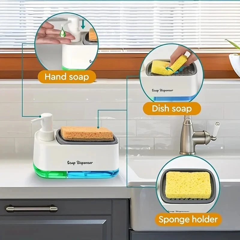 Multifunctional Kitchen & Bathroom Soap Dispenser with Sponge Holder-Space Saving Countertop Organizer, No Electricity Required