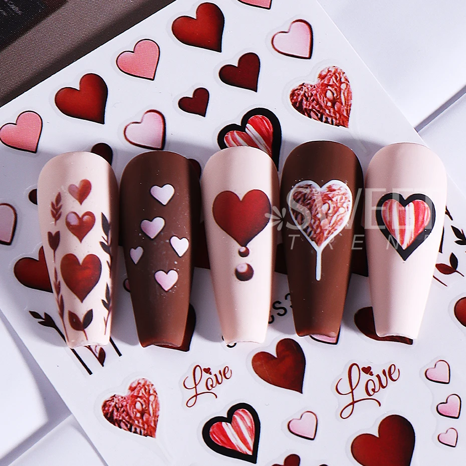 2pcs Valentine's Day Love Heart Nail Stickers Self-Adhesive Sweet Peach Heart Nail Decals DIY Romantic Manicure Decoration Tools