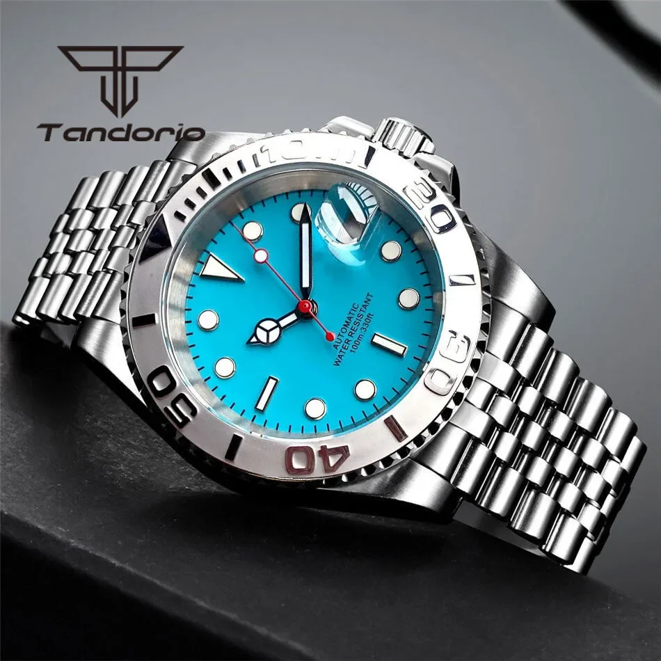 Tandorio NH35A Date Display Blue Sterile Dial Sapphire Glass 40mm 20Bar Stainless Steel Automatic Men's Watch Rotating Bezel