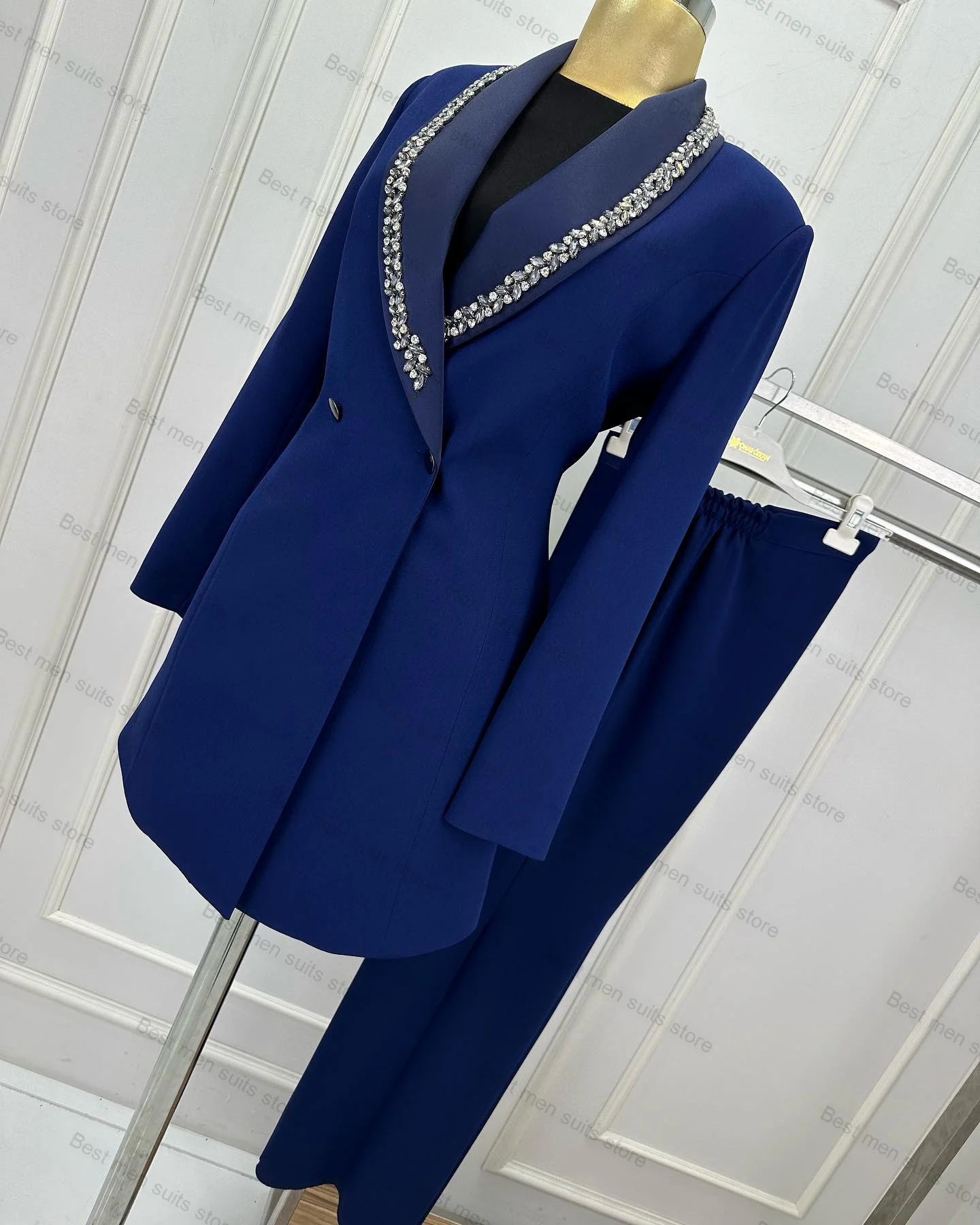 

Formal Mother of Guest Prom Dress Crystal Wedding Women Suits Set Jacket+Pants 2 Pieces Blazer Autumn Custom Made Tuxedo