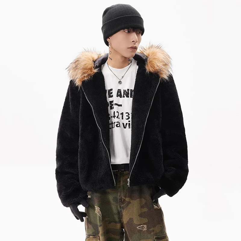 PFNW High Quality Fleece Hooded Quilted Padded Jackets Men's American High Street Warm Fur Collar Short Zipper Coat New CPG2408 4