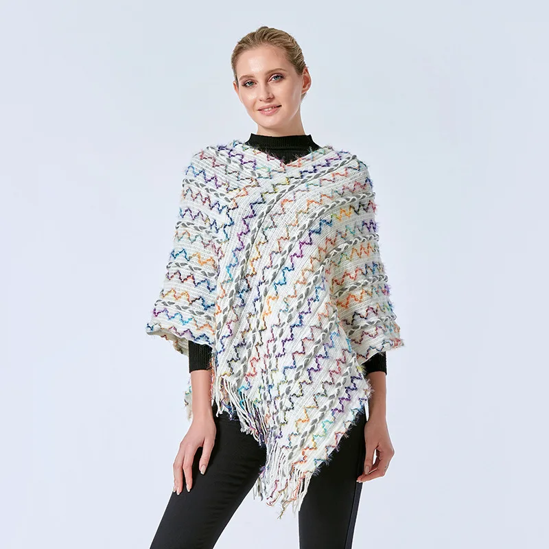 2022 New Spring Autumn Leisure Women Pullover Thin V-neck Lady Cloak Shawl Sweater Color Wavy Pattern Sunscreen White winter tassel scarf gray ginger and siamese kittens cats women cashmere scarves neck head warm pashmina lady shawl wrap bandana